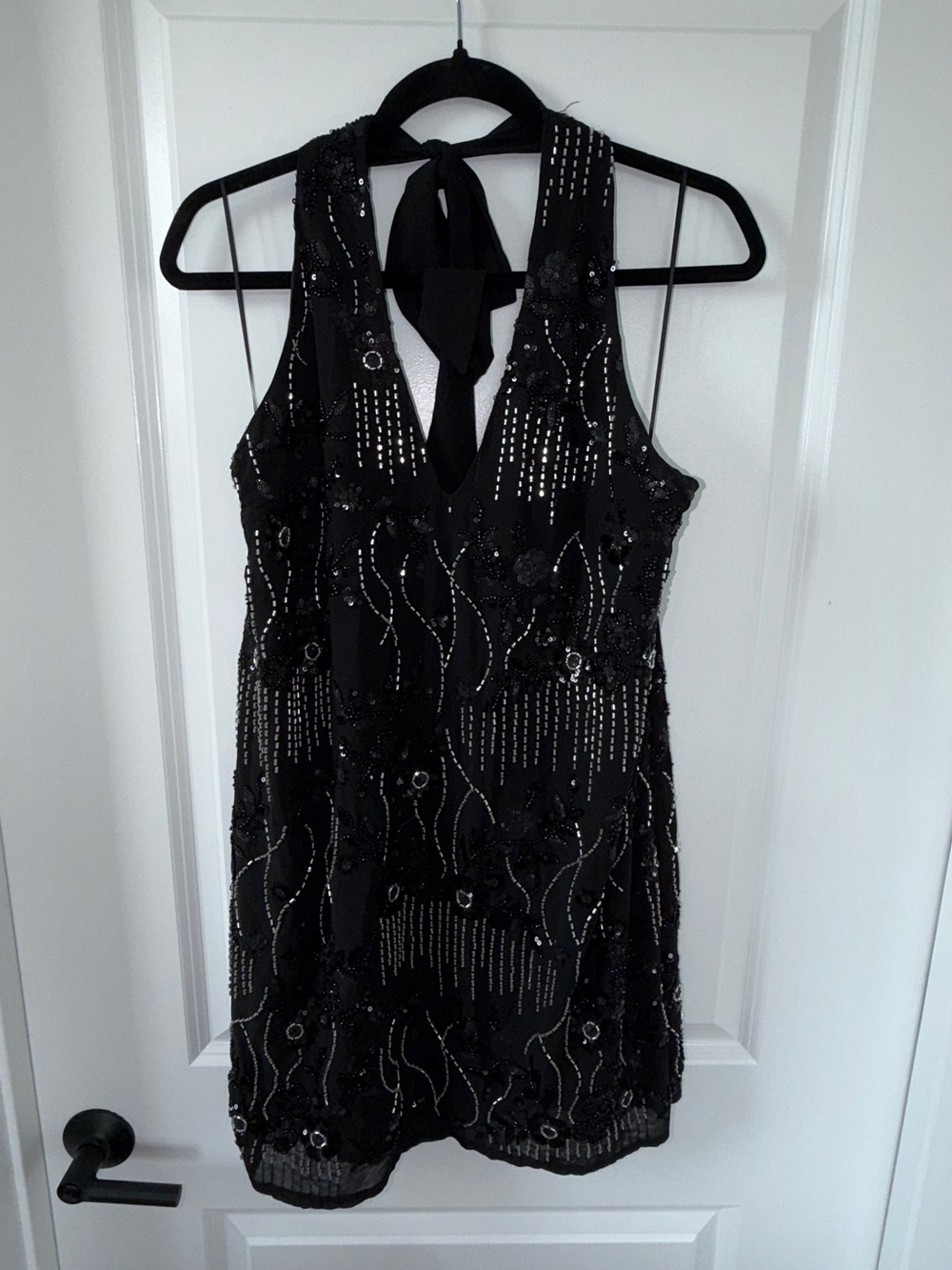 12th Tribe Black Sequin Beaded Halter Mini Dress Size L NWT